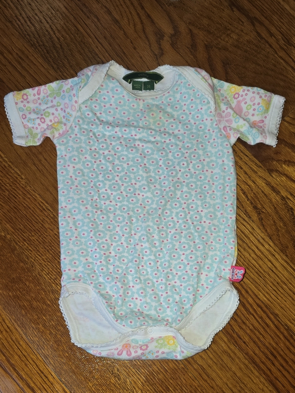 Oilily Light Blue Floral Baby Bodysuit with Pink Accents